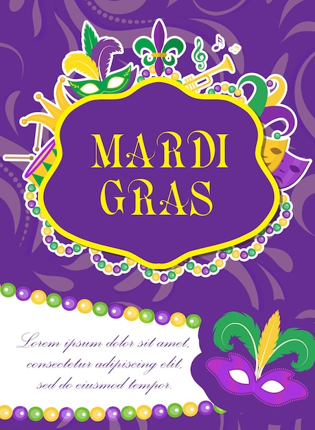 Vector mardi gras carnaval poster, uitnodiging, wenskaart. gelukkig mardi gras-sjabloon voor uw ontwerp met maskerveren, kralen. vakantie in new orleans. vette dinsdag achtergrond. vector illustratie.