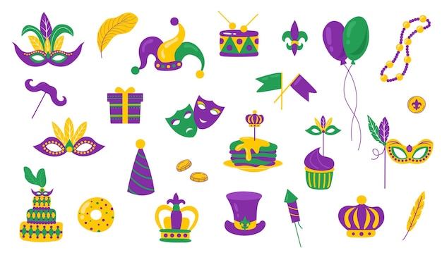 Набор карнавальных иллюстраций Марди Гра. Коллекция Марди Гра, маска из перьев, торт, блины, бусы.