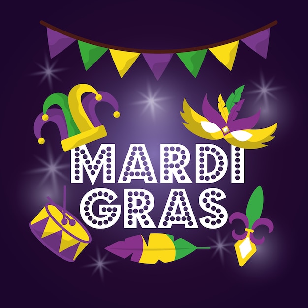 Mardi gras carnival mask hat drum with glitter texture invitation