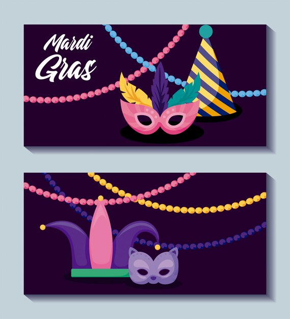 Vector mardi gras carnival masks and hats with necklaces banner set