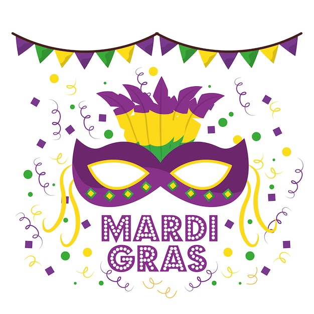 Vector mardi gras carnival masks with feathers garland confetti decoration