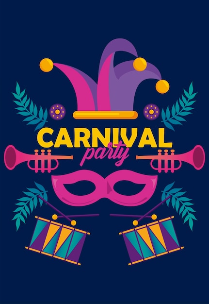 Mardi gras carnival party celebration with instruments and jester hat