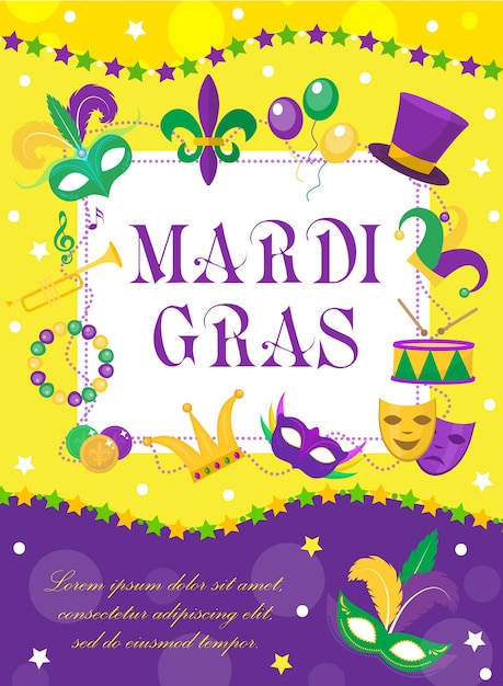 Плакат карнавала марди гра, приглашения, открытки. happy mardi gras шаблон для вашего дизайна с маской из перьев, бусин. отдых в новом орлеане. жирный вторник фон. векторная иллюстрация.