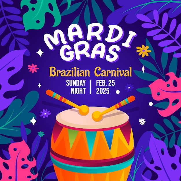 Mardi gras carnival square purple background with colorful flat elements design