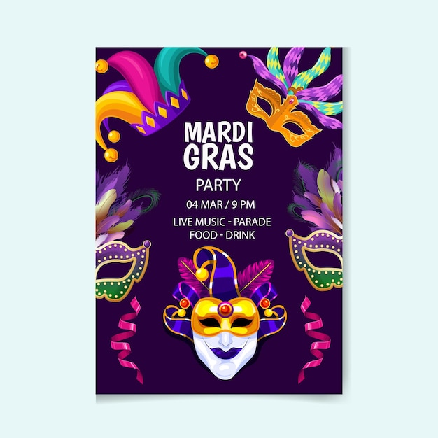 mardi gras crown mask poster design on colorful background
