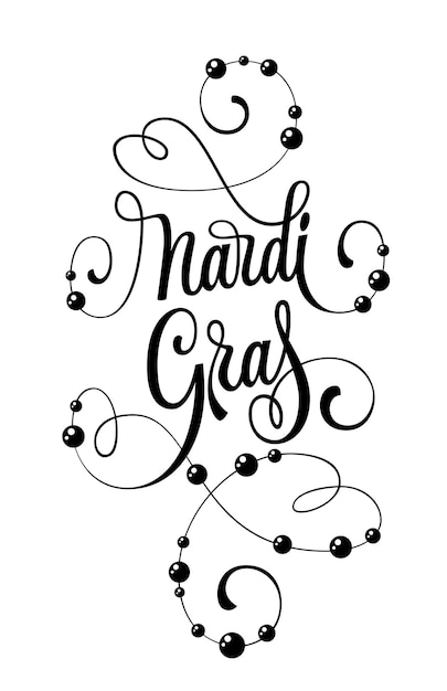 Mardi Gras elegant festive calligraphy logo inscription with flourishes and beads Hand drawn lettering Black and white isolated vector typography design element for print web fashion purposes