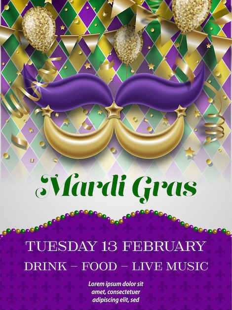 Vector mardi gras feest poster mardi gras achtergrond met maskervormige feestballon en streamers