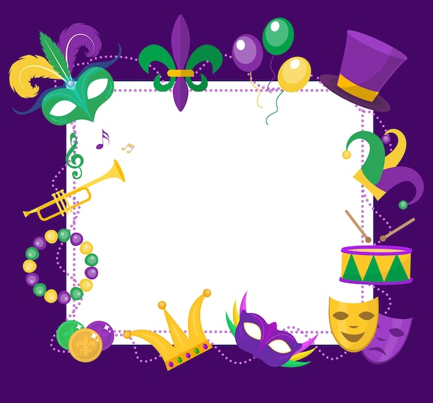 Mardi gras frame sjabloon met ruimte voor tekst. mardi gras carnaval poster, flyer, uitnodiging. partij, paradeachtergrond. vector illustratie