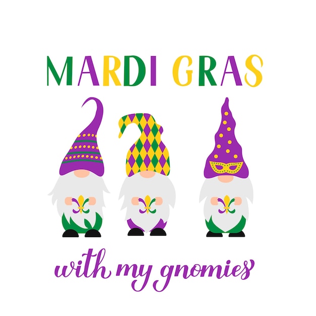 Mardi Gras handschrift met schattige Noordse kabouters Fat Tuesday traditionele carnaval in New Orleans Vector sjabloon voor spandoek flyer poster t-shirt sticker etc