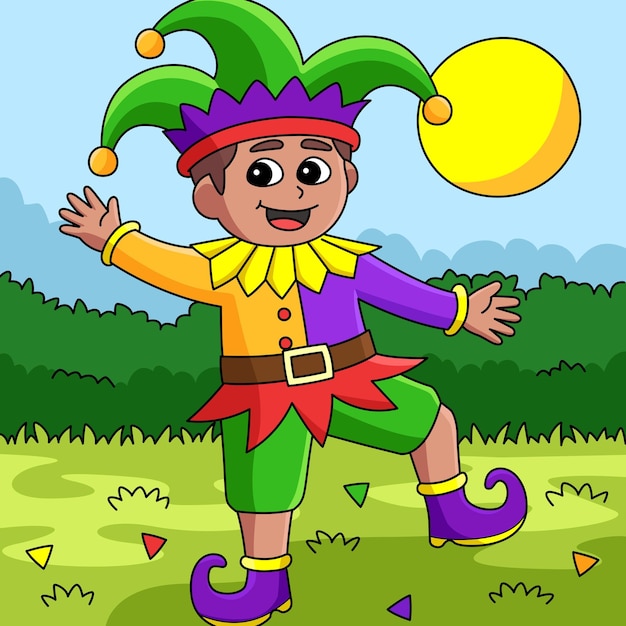 Mardi Gras Jester Boy Colored Cartoon Illustration