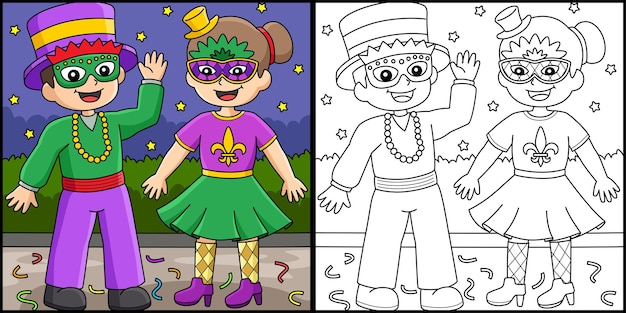 マルディグラの道化師の男の子と女の子のイラスト