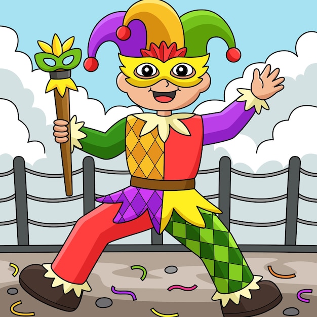 Vettore mardi gras jester boy con cartone colorato baton