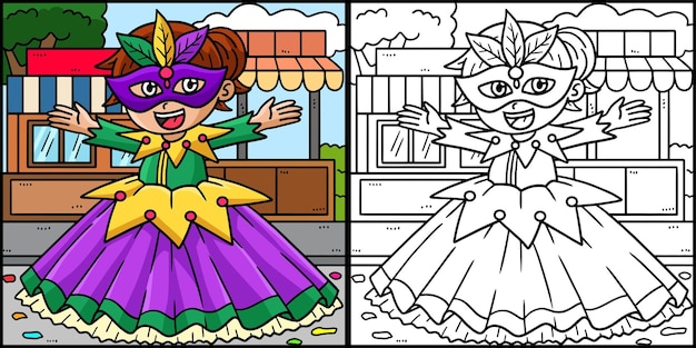 Mardi Gras Jester Girl Coloring Page Illustration