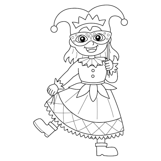 Mardi gras jester girl isolated coloring page