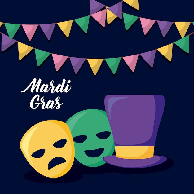 Mardi gras-kaart met tophat en maskers