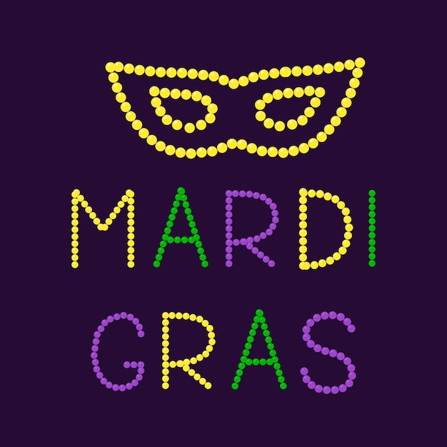 Mardi Gras lettering and mask made of colorful beads Fat or Shrove Tuesday typography poster Traditional carnival in New Orleans Vector template for banner greeting card flyer party invitation