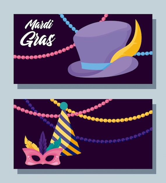 Vector mardi gras mask and hats with necklaces