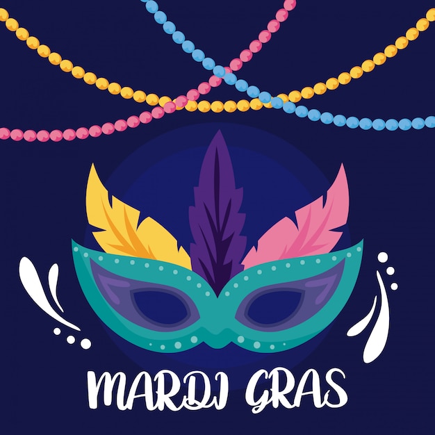 Mardi gras mask with necklaces and feathers