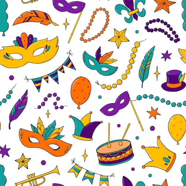 Mardi gras naadloos patroon met handgetekende elementen, doodles voor inpakpapier, prenten, kaarten