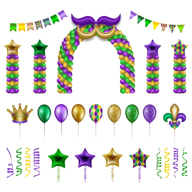 Mardi gras party elements. mardi gras decorations with balloons. mardi gras arch with balloons 
