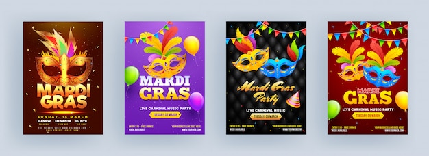 Mardi gras party flyer template with carnival mask, party hat
and balloons.