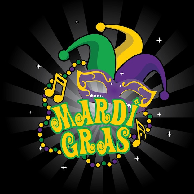 Mardi gras party con perline, note musicali e mezza maschera viola con hat- mardi gras vector design