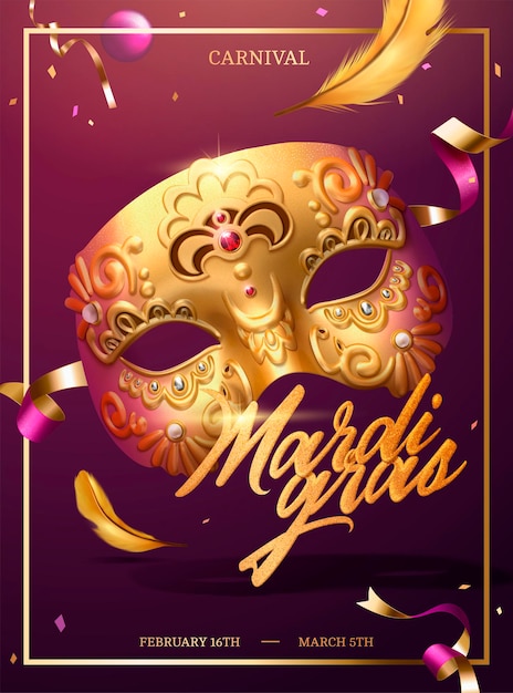 Mardi gras poster met gouden luxe masker en confetti in 3d illustratie