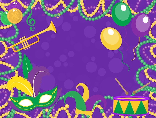 Mardi Gras poster met masker, kralen, trompet, trommel, fleur de lis, narrenhoed, maskers, komedie en drama. Mardi Gras carnaval sjabloon, flyer, uitnodiging. Vette dinsdag achtergrond vectorillustratie