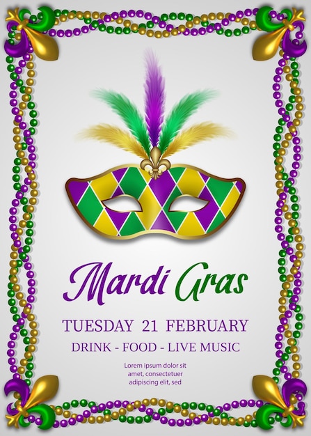 Mardi gras poster met parels en lelies frame en kleurrijk masker. mardi gras achtergrond