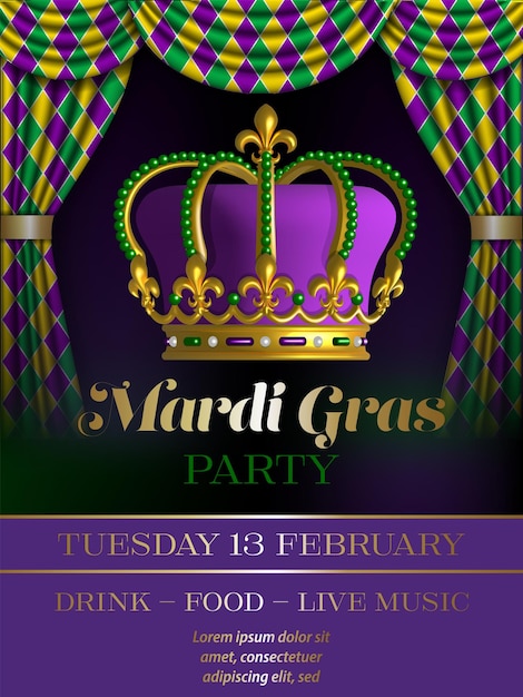 Vector mardi gras poster with crown and curtain mardi gras party background