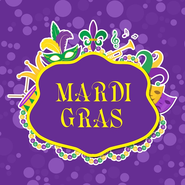 Vector mardi gras poster with mask, beads, trumpet, drum, fleur de lis, jester hat, masks, comedy and drama. mardi gras carnival template, flyer, invitation. fat tuesday background vector illustration