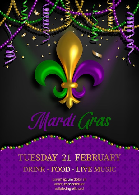 Vettore poster del mardi gras con perle e stelle filanti. sfondo mardi gras con giglio tricolore