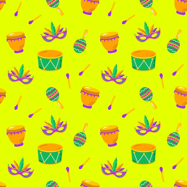 Mardi gras seamless pattern Carnaval pattern with mask and maracas