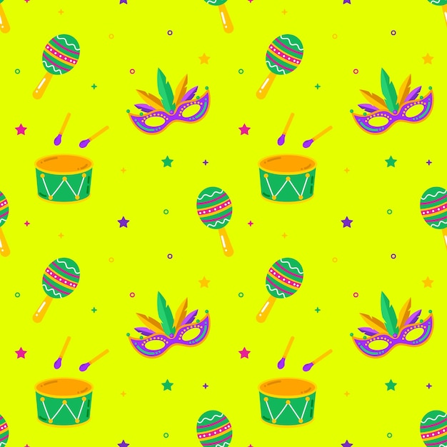 Mardi gras seamless pattern Carnaval pattern with mask and maracas