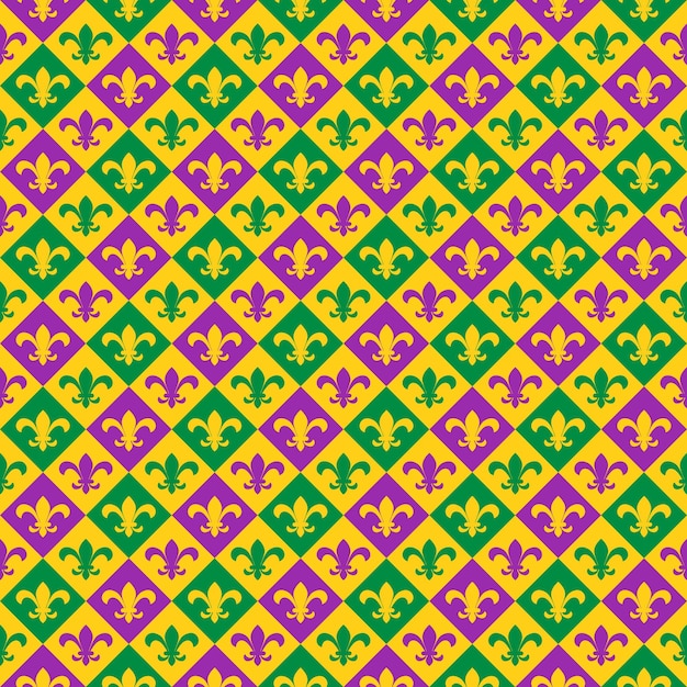 Mardi gras seamless pattern fleur de lis checkered background green purple and yellow background vector template for carnival decorations