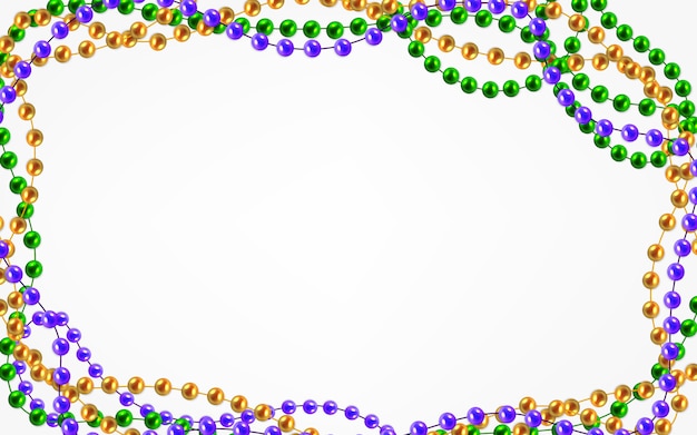 Вектор mardi gras традиционные ожерелья. золотые, зеленые, фиолетовые бусы, изолированные на белом фоне. набор для праздничного дизайна, xmas holiday, открытки. mardi gras украшения, элемент дизайна.