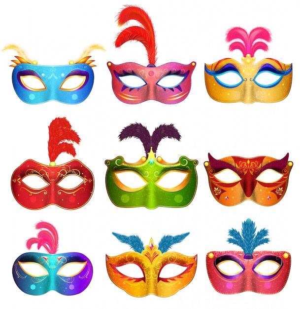 Mardi Gras Venetian handmade carnival masks. Face masks collection for masquerade party. illustration