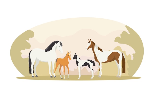 Vector mares with foals in a meadow at dawn vector illustration