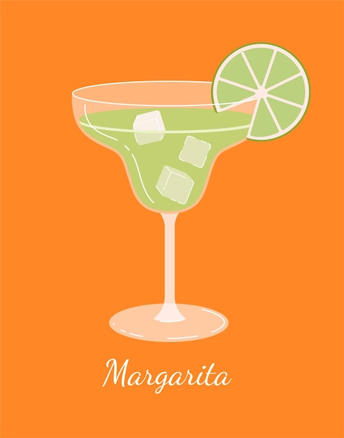 Вектор Концепция коктейля маргарита вкусная жидкость и напиток для летнего времени холодный алкоголь с лаймом и льдом макет шаблона и макет мультфильм плоская векторная иллюстрация изолирована на оранжевом фоне