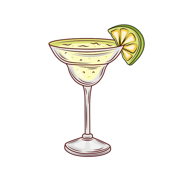 Margarita cocktail hand drawn alcohol drink with slice of lime and salt Vector illustration