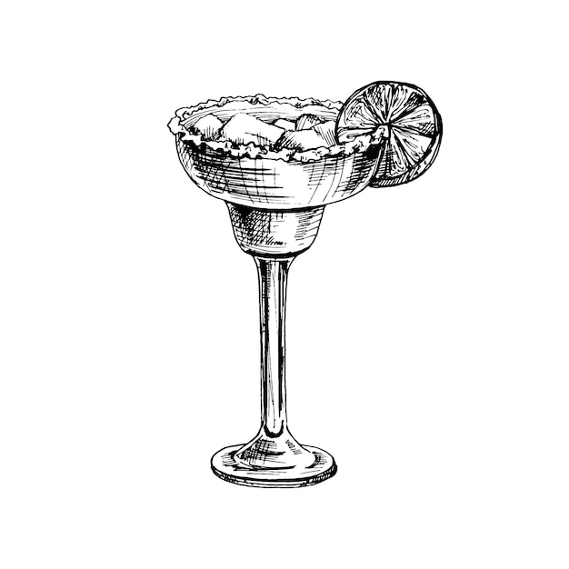 Коктейль Маргарита с ломтиком лайма, кубиком льда и солью. Винтажные штриховки векторные черные иллюстрации. Изолированные на белом фоне