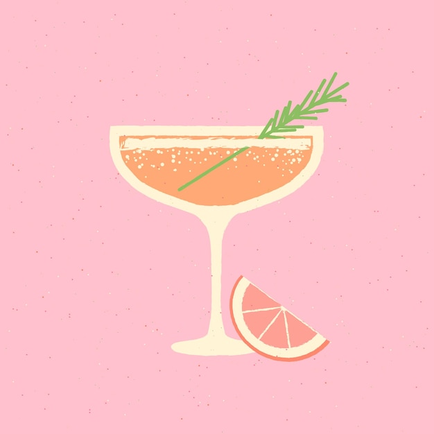 Margarita dessert glass with rosemary and grapefruit Flat vector illustration with texture