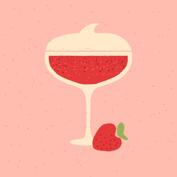 Vector margarita drink glass with cream and strawberries flat vector illustration with texture
