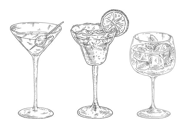 Margarita en gin tonic cocktail Martini drankje met olijven Vintage gravure