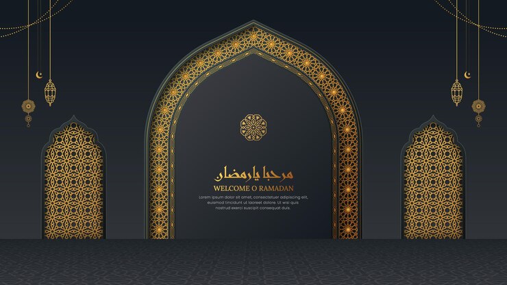 Marhaba Ya Ramadan black and golden luxury backdrop background with Islamic ornaments and patterns