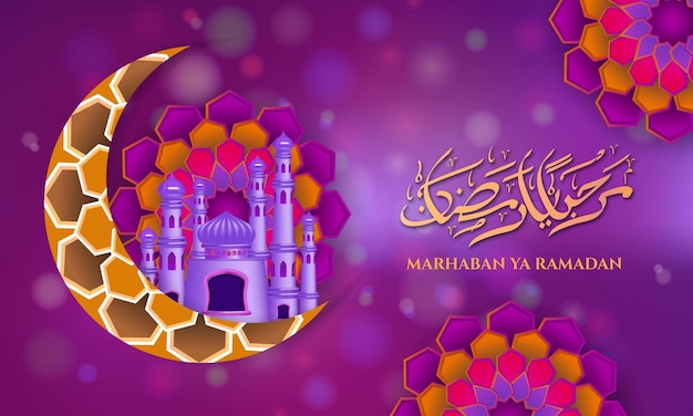 Marhaban ya ramadan calligraphy with mosque glossy and mandala paper cut in purple bokeh background