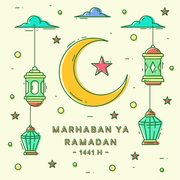 Marhaban ya Ramadan Cute 모노 라인 라인 아트 디자인