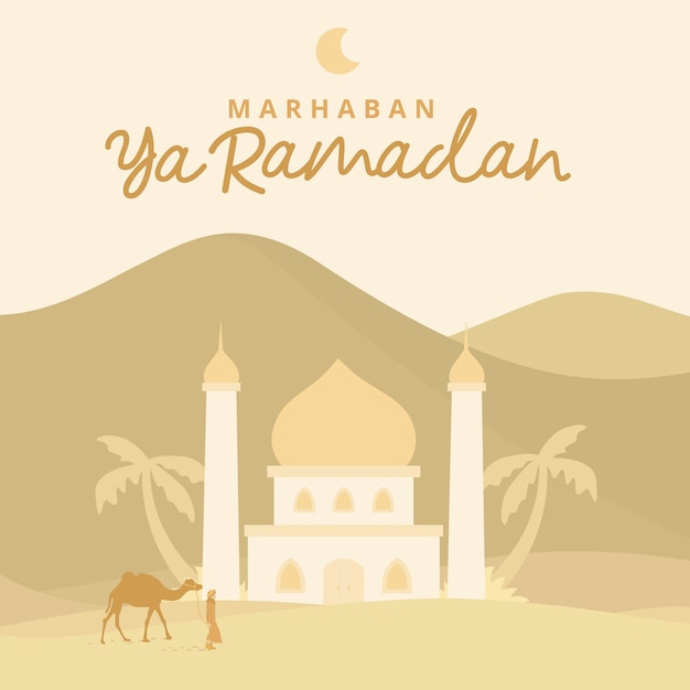 Marhaban Ya Ramadan met moskee op woestijn illustratie