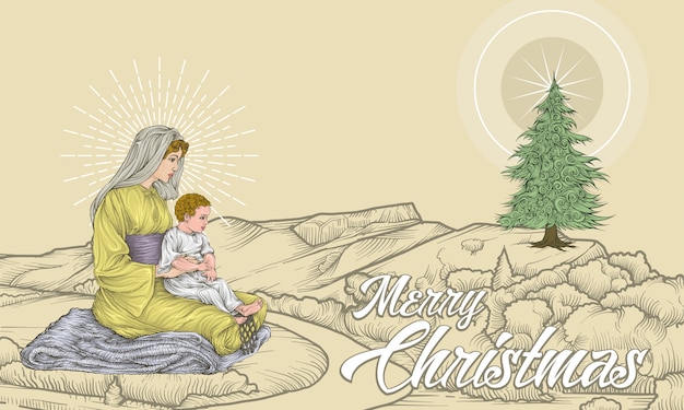 マリアと星とクリスマスツリーのある風景の上に座っている赤ちゃんイエス