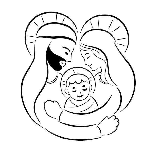 Maria en Jozef knuffelen baby Jezus vectorillustratie